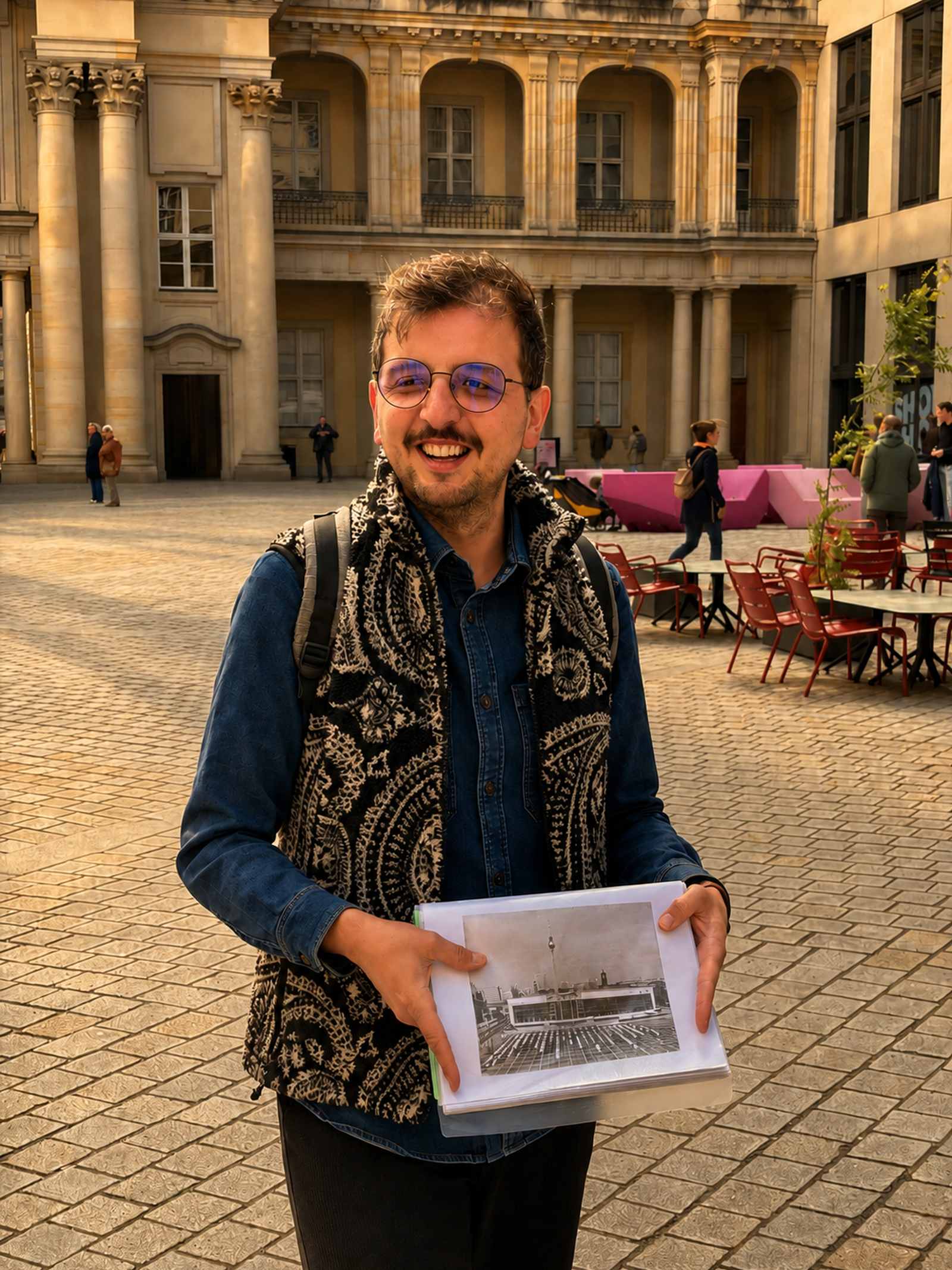 Yusuf holding a historical photograph in front of the Humboldt Forum in Berlin