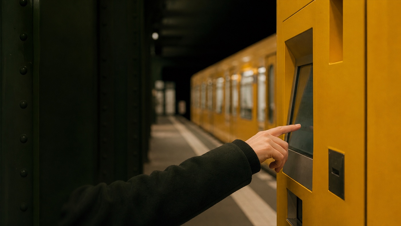 A traveller using a yellow ticket machine on a Berlin train platform